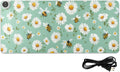 Heated Desk Pad Mouse Pad 31.5x13 Inch PU Leather Desk Mat with 3 Heat Levels Large Mouse Gaming Computer Laptop Mat Mint Green Daisy Flowers and Bees