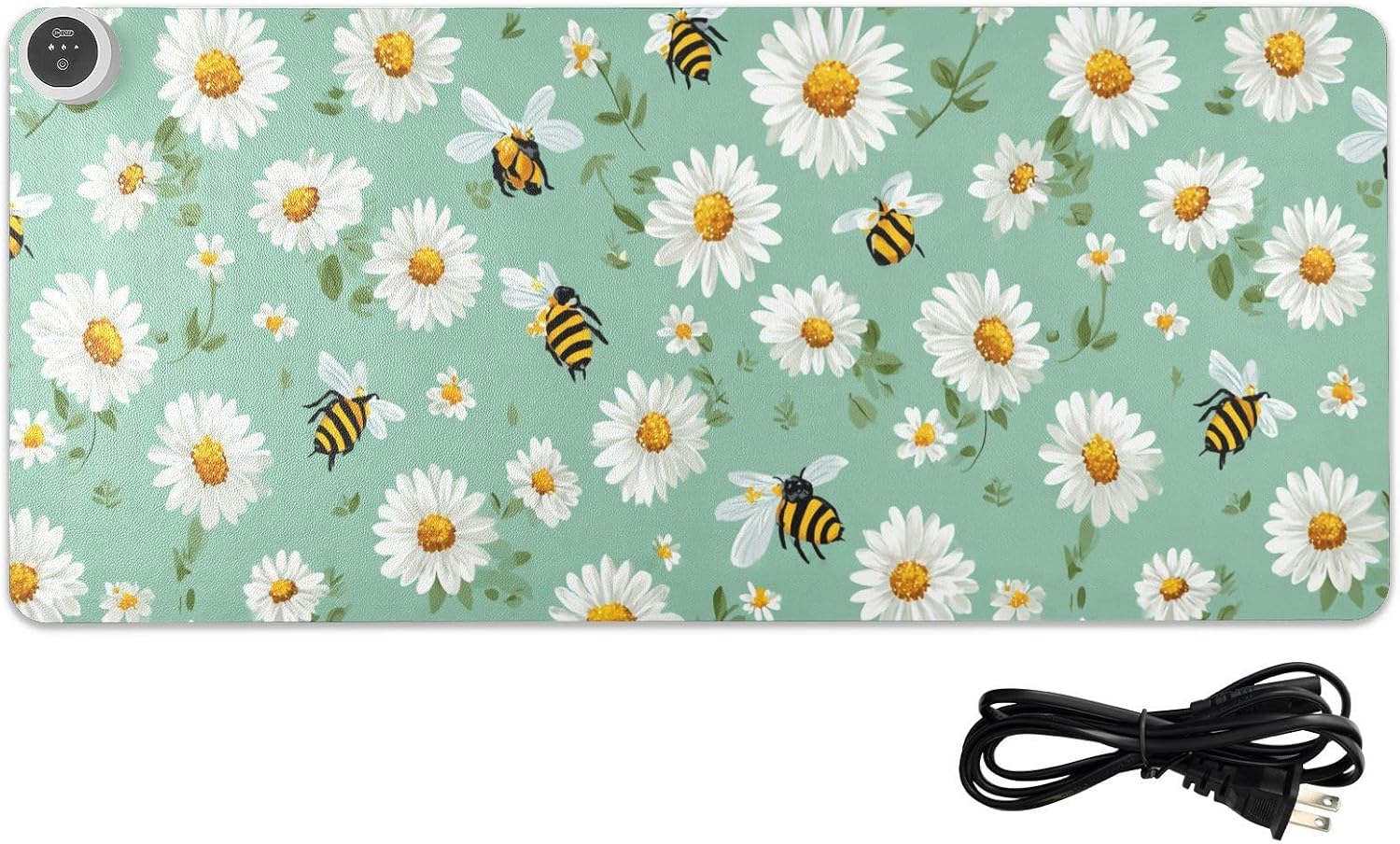 Heated Desk Pad Mouse Pad 31.5x13 Inch PU Leather Desk Mat with 3 Heat Levels Large Mouse Gaming Computer Laptop Mat Mint Green Daisy Flowers and Bees