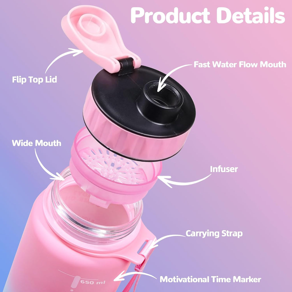 Large Water Bottle with Motivational Time Marker, Water Jug with Handle, Clear Sport Bottle for Gym Camping Workout Outdoors (22oz Pink)