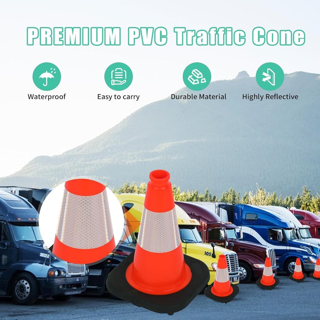 BESEA 12 Inch Traffic Cones, Safety Cones with 4" Reflective Collar, Lightweight & Durable PVC Road Cones for Parking, Sports Training, Construction, Driveway (6 Pack)