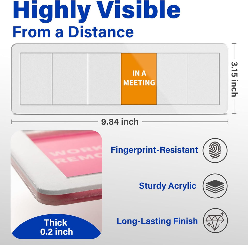 Office Door Signs with 6 Printed Status Options – Do Not Disturb, Out of Office, In a Meeting, Please Knock, Back Soon, Come on in – Includes Custom Personalized Blank Sticker for Privacy Workspace or Studio Available and Away