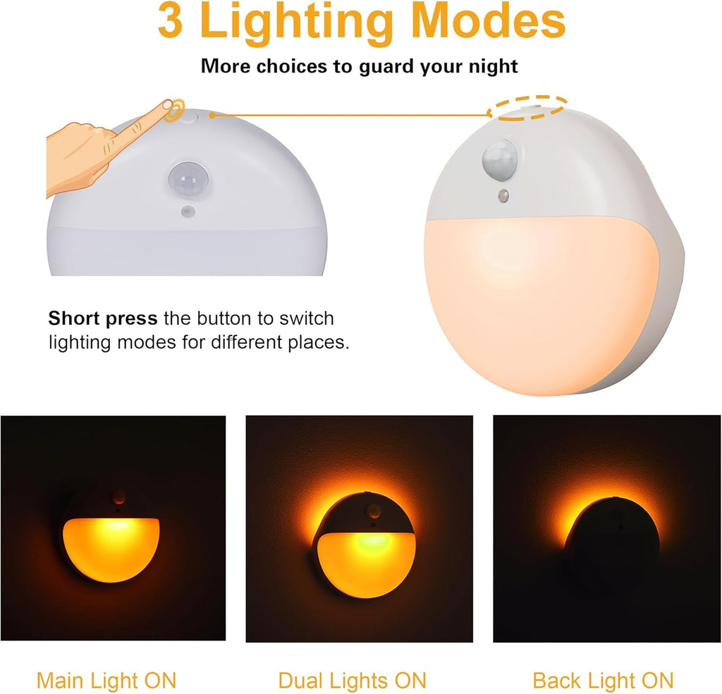 2 Pack Amber Night Light, Battery Operated Night Light, 2.6" Small Sticky Lights, Dimming, 3 Light Modes, Motion Sensor Lights for Kids, Baby, Sleep, Bedroom, Bathroom, Toilet, Travel, Stairs