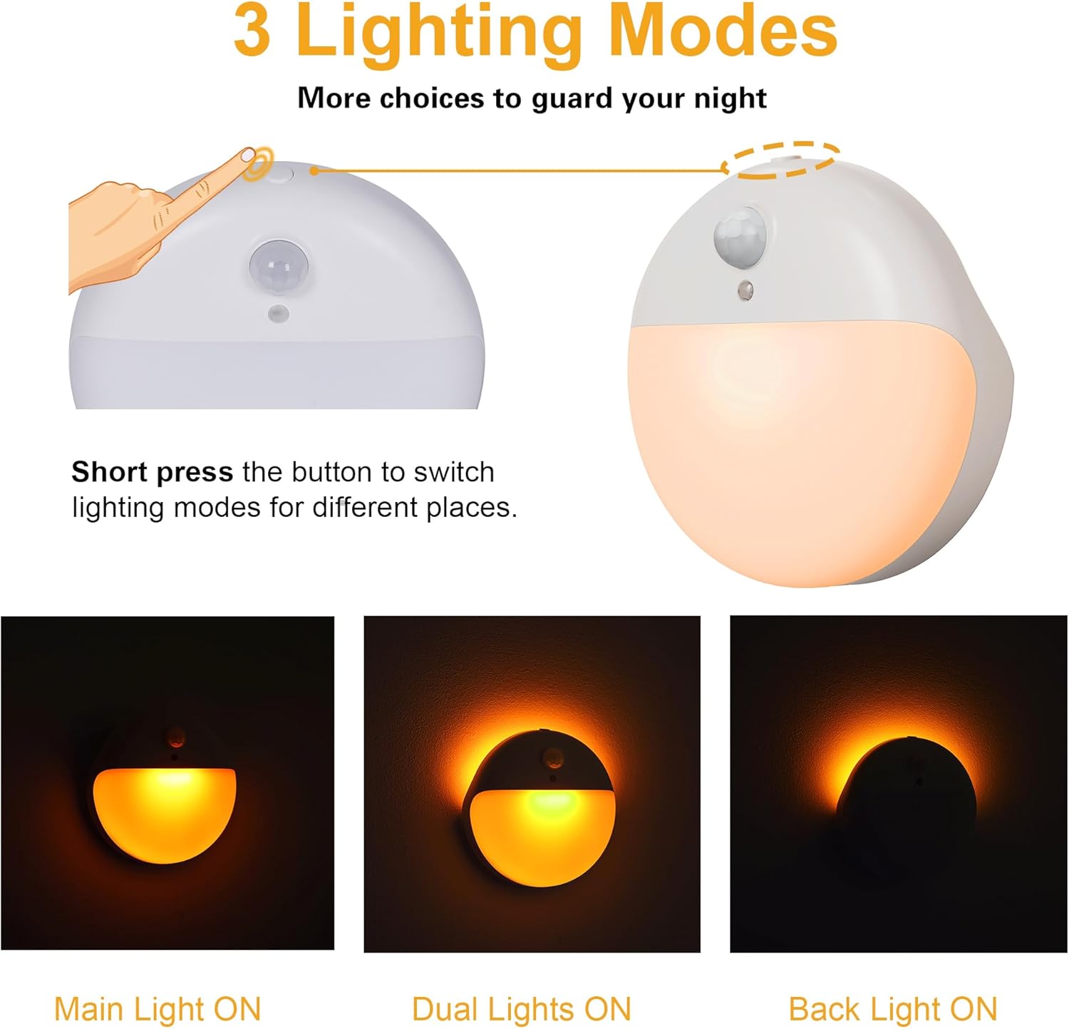 2 Pack Amber Night Light, Battery Operated Night Light, 2.6" Small Sticky Lights, Dimming, 3 Light Modes, Motion Sensor Lights for Kids, Baby, Sleep, Bedroom, Bathroom, Toilet, Travel, Stairs