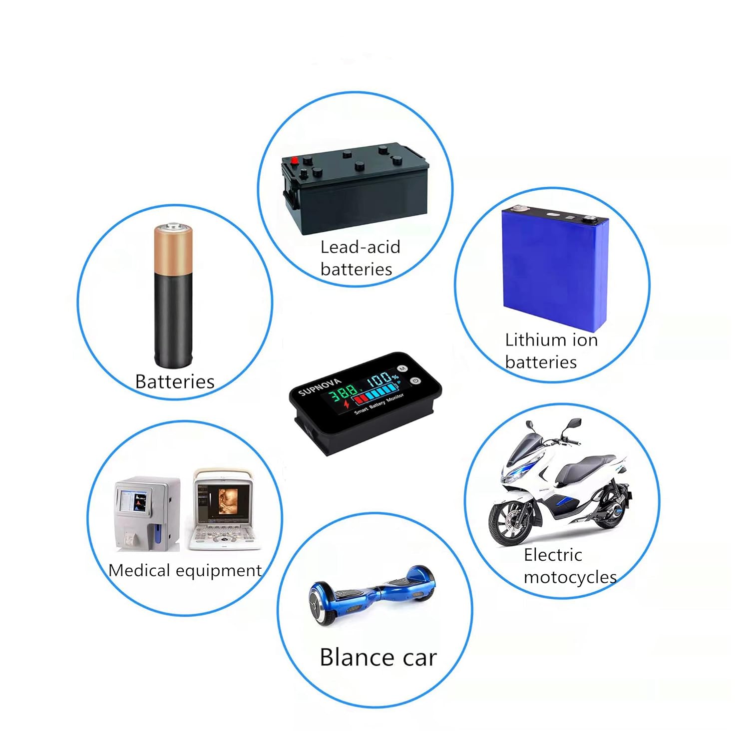 Battery Monitor12v 24v 36v 48v 60v 72v, Car,Golf cart Battery Tester Digital Display Capacity 7-100V Voltage Monitor Capacity Percentage Tester with Buzzer Alarm and Temperature(Not Waterproof)