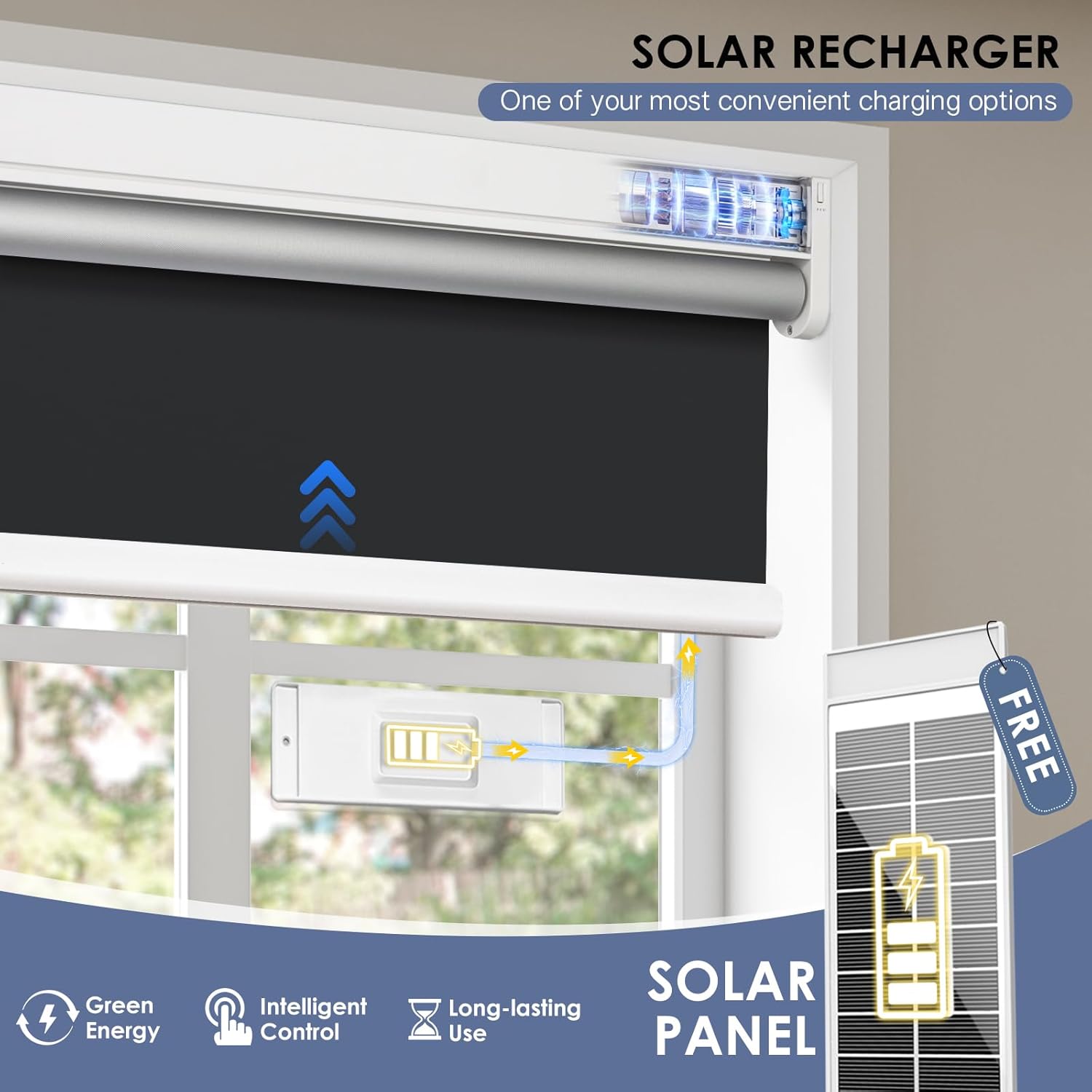 Motorized Roller Blinds with Remote Control & Solar Panel - 100% Blackout Smart Blinds, Automatic, Cordless, Electric Shades - Compatible with Alexa - Black, 46" W x 72" H