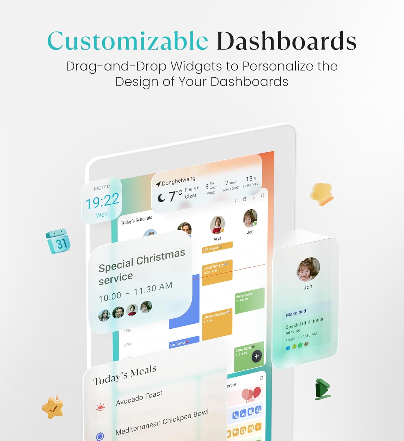 Cozyla Mate Digital Calendar+ 2: 15.6 Inch Wall Touch Screen Chore Chart Customizable Dashboard Smart Electronic Calendar for Family Schedules Meal Planner Support App Store with Stand White