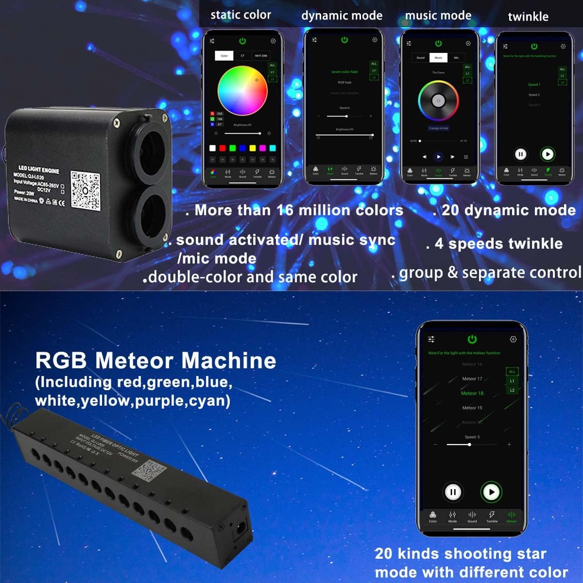 AZIMOM Dual Color 20w Twinkle Fiber Optic Starlight Headliner Kits 600pcs 0.03in 9.8ft, RGB Meteor Shooting Star, Sound Activated Remote APP Control Home Car Ceiling Décor