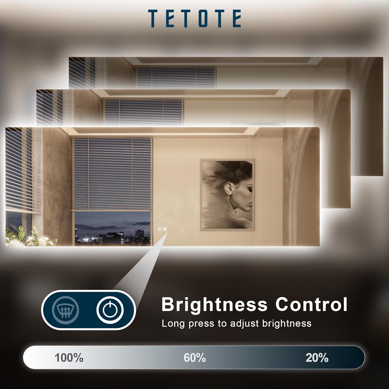 TETOTE 24 x 36 Inch LED Backlit Bathroom Mirror with Lights, 3Color White/Warm/Natural, Anti-Fog Lighted Mirror,Dimmable,Vanity Mirror,Wall Mounted