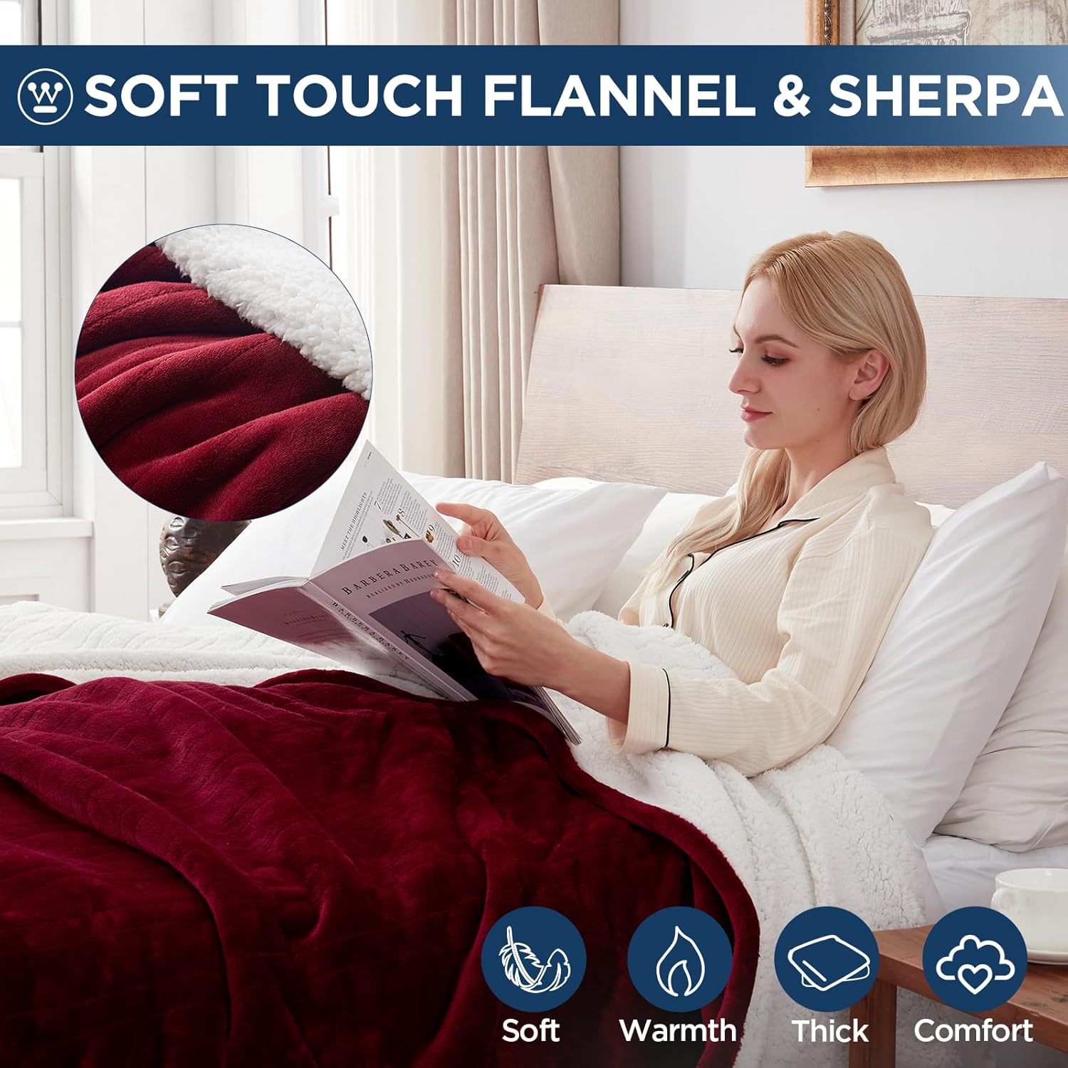 Westinghouse Electric Blanket Queen, Heated Blanket Queen Size with 10 Heating Levels and 1 to 12 Hours Heating Time Settings, Flannel to Sherpa Reversible, Machine Washable (84" x 90", Red)
