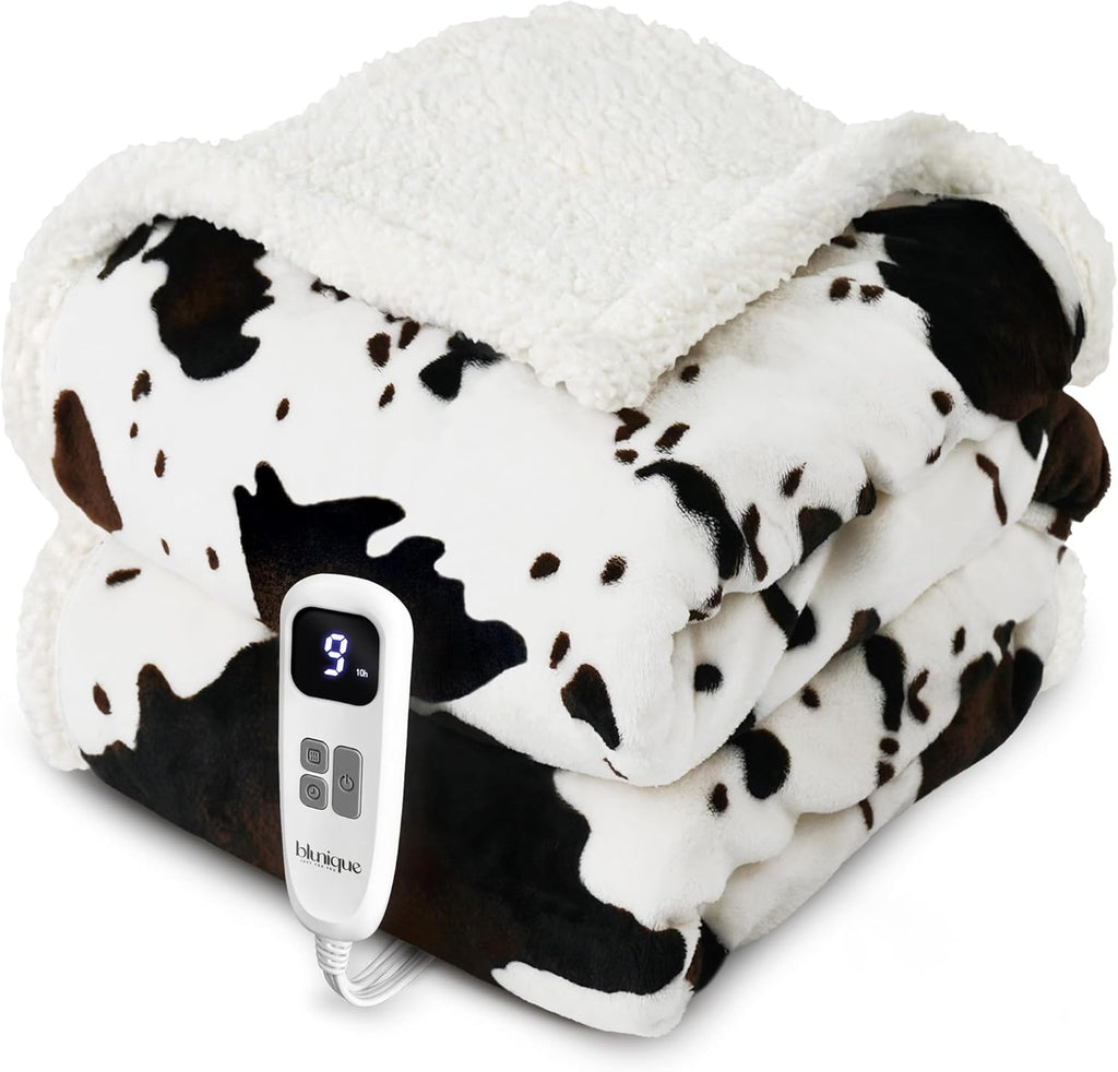 Cow Print Heated Blanket Twin-Heating Electric Blanket Twin with 10 Heat Levels & 10 Hours Auto-Off, Cozy Soft Fleece Sherpa, Washable, 62 x 84 Inches Cow Print White