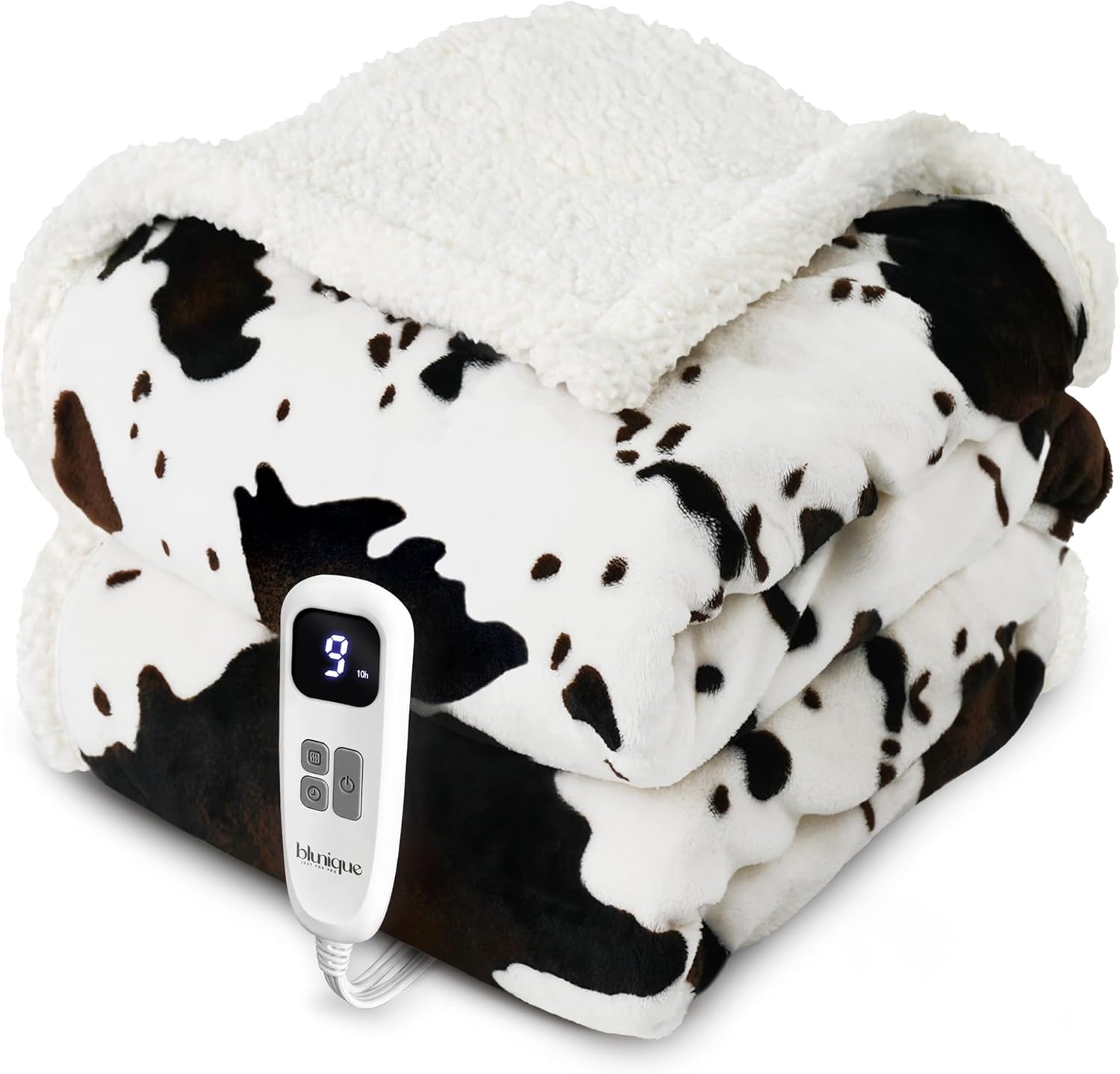 Cow Print Heated Blanket Twin-Heating Electric Blanket Twin with 10 Heat Levels & 10 Hours Auto-Off, Cozy Soft Fleece Sherpa, Washable, 62 x 84 Inches Cow Print White