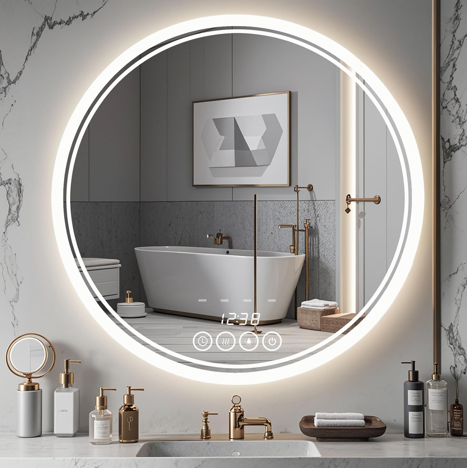 Wall-Mounted Round Bathroom Mirror with LED-Lights - 32 Inch Vanity Mirrors with Dimmable (32" x 32",Frameless)