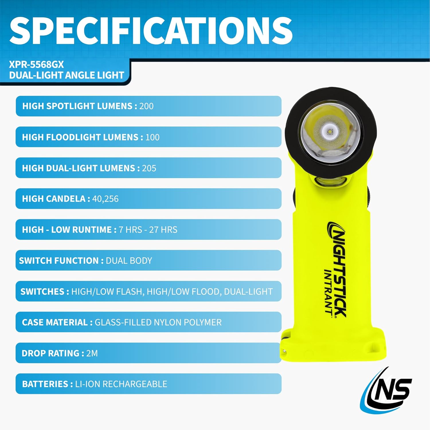 Nightstick XPR-5568GX Intrant Rechargeable Intrinsically Safe Permissible Dual-Light Angle Light (Green)