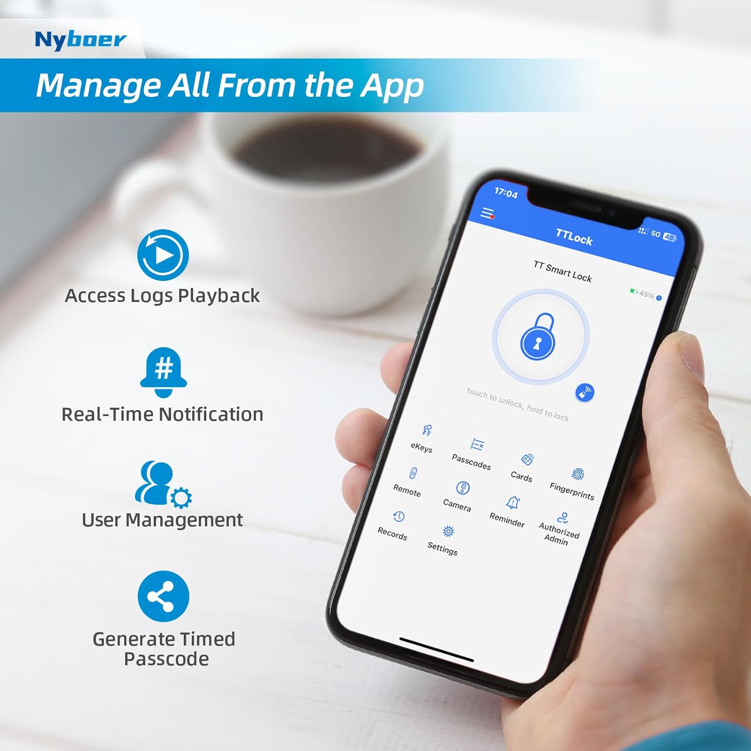 WiFi Video Smart Door Lock with Camera & Doorbell, Keyless Entry Fingerprint Lock with Handle for Front Door, Nyboer Keypad Electronic Digital with Rechargeable Lithium Battery, Easy Installation
