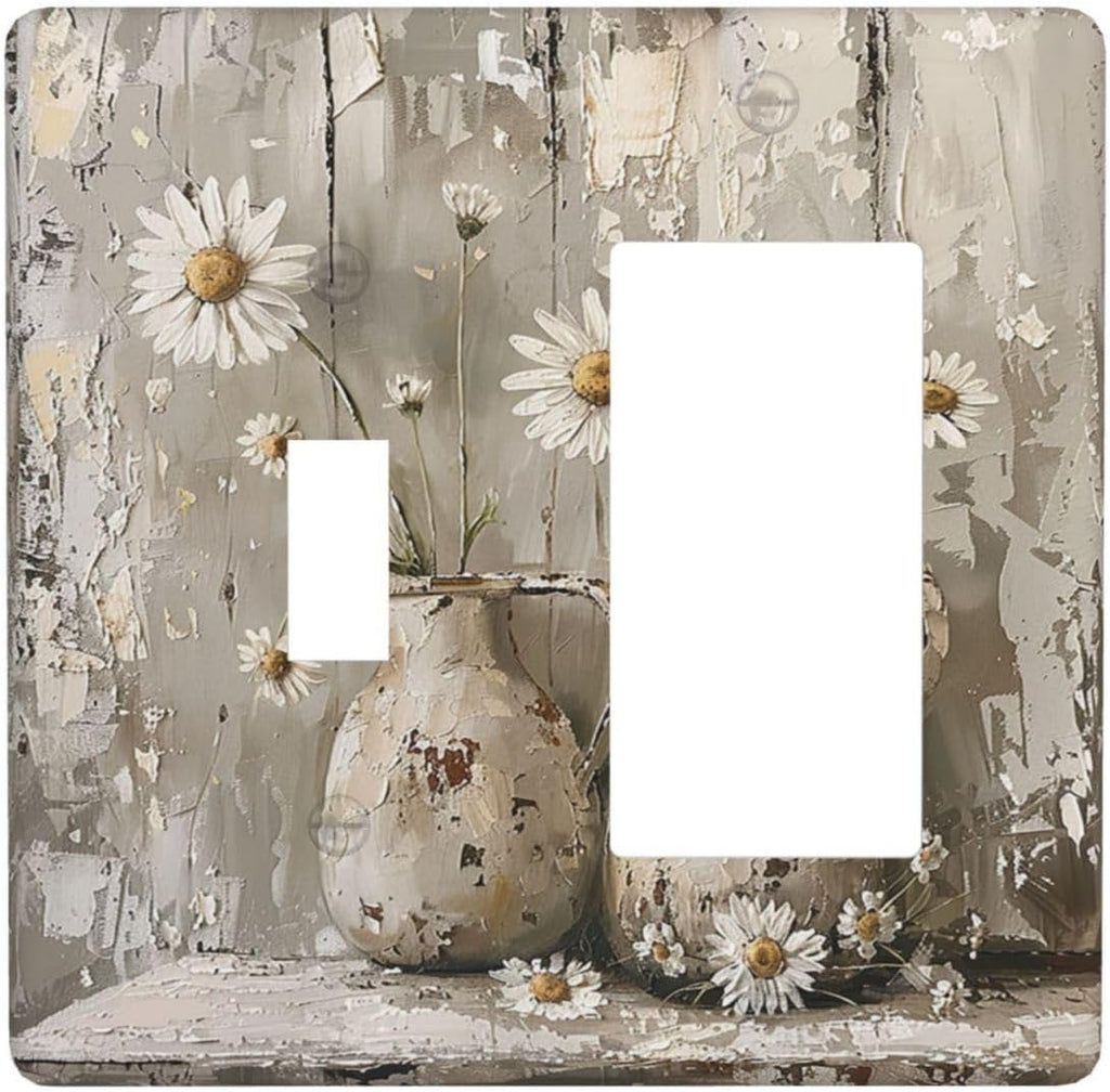 Outlet Covers Vintage Rustic Floral White Daisy Flower Oil Painting Style 1 Toggle 1 Rocker Combination Decorative Wall Plate Electrical Switch Plates Light Switch Cover Plate for Home
