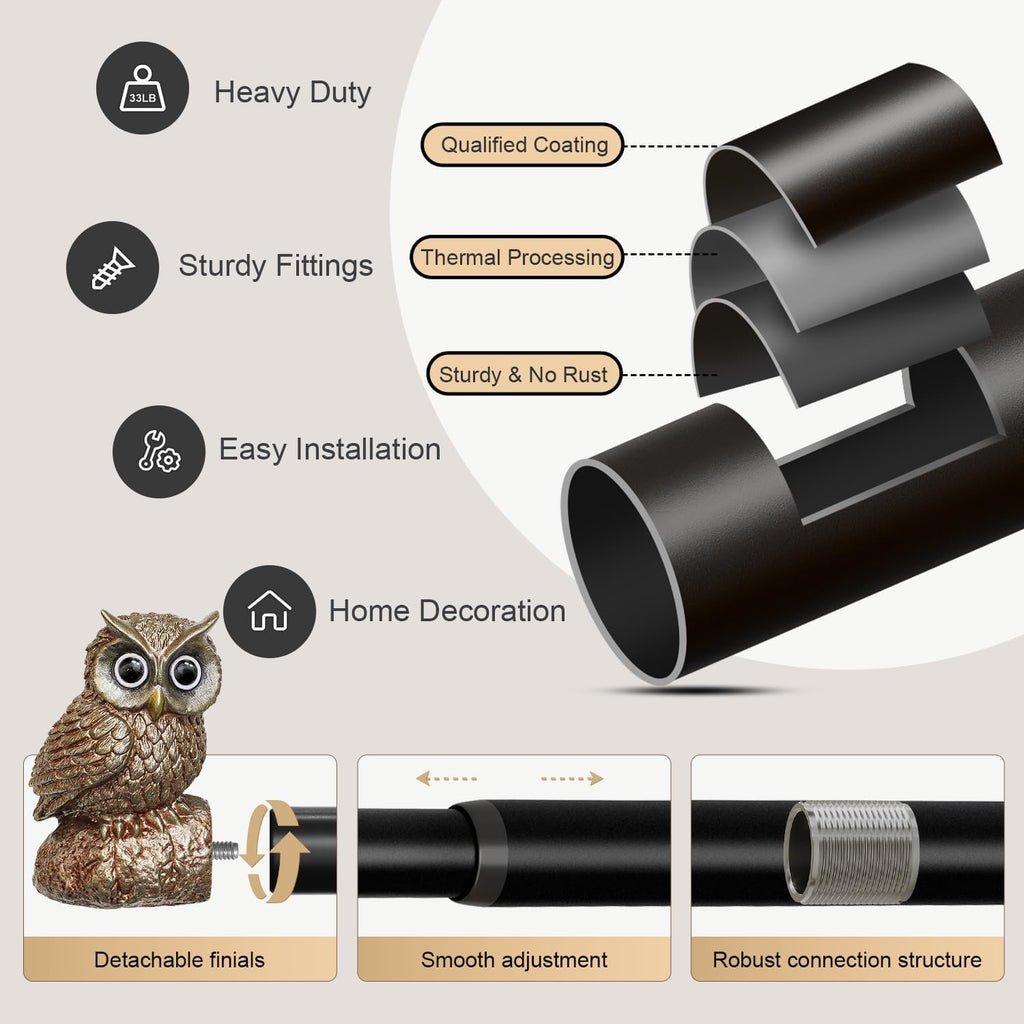 Vintage Decorative Black Curtain Rods for Windows 66 to 120 Inch Adjustable Heavy Duty 1'' Diameter Curtain Rod with Owl Finials for Bedroom Living Room Kitchen Farmhouse (36-120'')