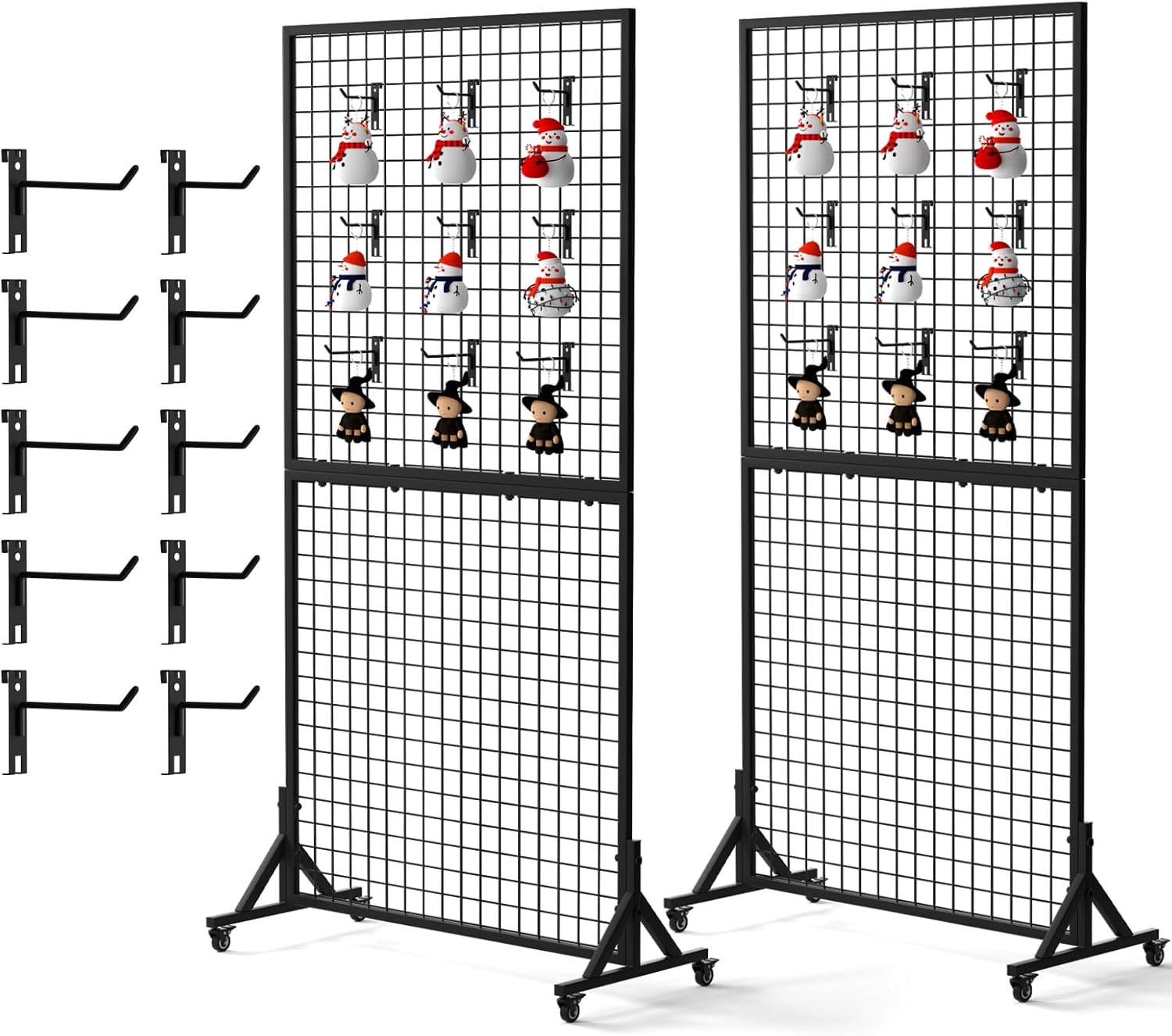 Kokorona 2-Pack 2.9' x 6' Grid Wall Panel Display Stand with 10 Grid Hooks, Wire Grid Wall Display Rack with Rubber Wheels, Floorstanding Art Display Panels for Art Craft Show, Retail Display Stand