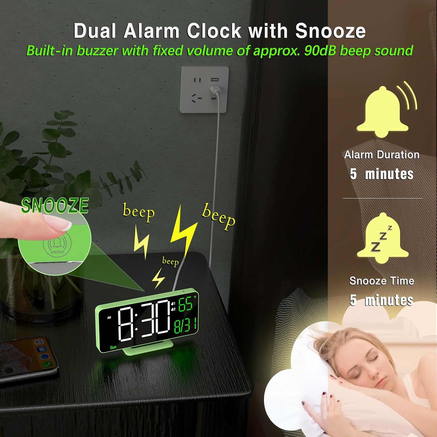 KOSUMOSU Small Digital Clock, 6.7in Alarm Clocks for Bedrooms, Auto Dimming, Room Temperature, Day of The Week, Seconds, Date, Desk Clock for Bedroom, Digital Clocks for Living Room
