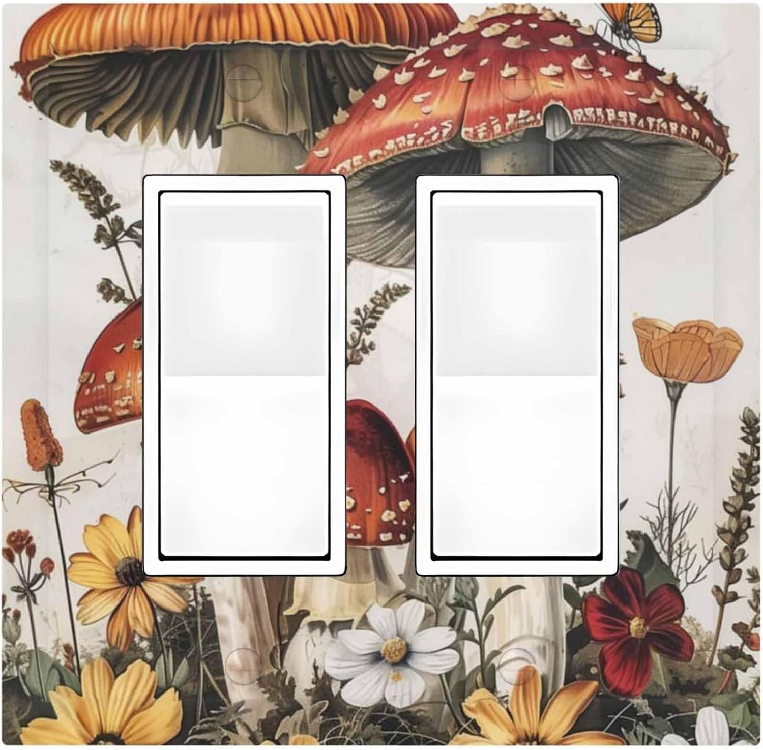 Decorative Outlet Covers Mushroom Forest Butterfly Wild Flower 2 Gang Double Gfci Rocker Electrical Wall Panels Light Switch Cover Plate For Bed Room Living Room Decor