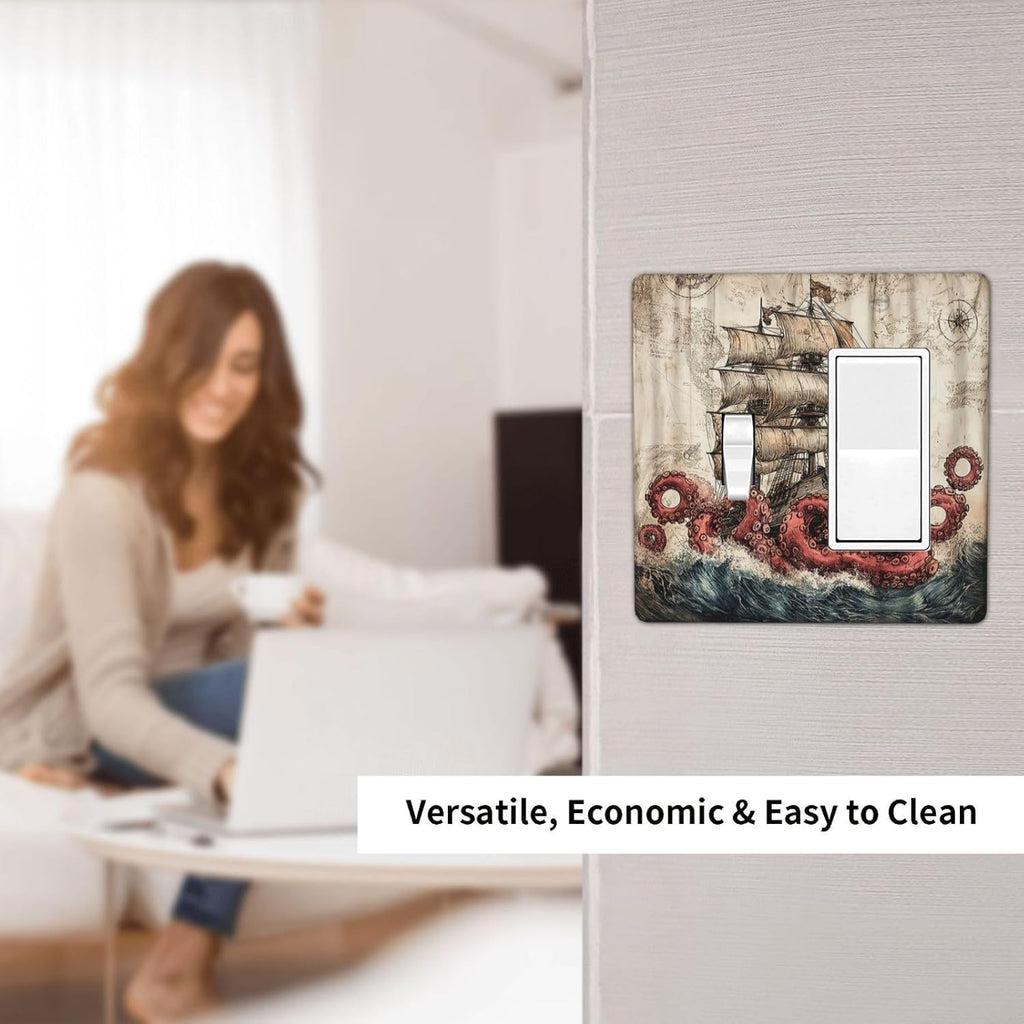 Outlet Covers Vintage Octopus Ocean Sailboat Bizarre Adventure 1 Toggle 1 Rocker Combination Decorative Wall Plate Light Switch Cover Plate Electrical Switch Plates for Bathroom Kids room Decor