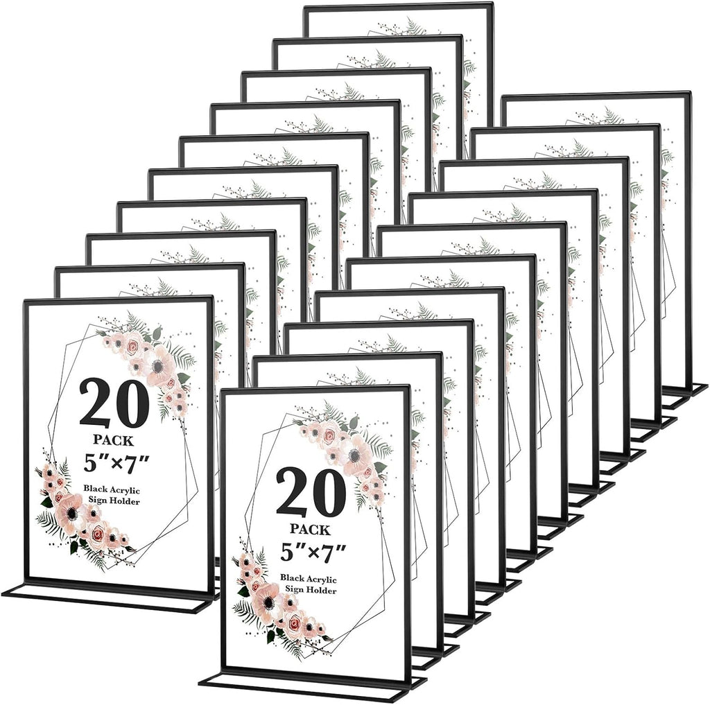 20 Pack 5x7 Acrylic Sign Holders, Double Sided Vertical Stand Clear Picture Frames, Wedding Table Numbers Frames for Party, Restaurant Signs and Office Photos, Black