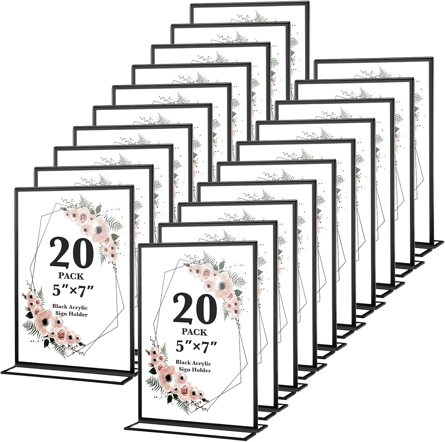 20 Pack 5x7 Acrylic Sign Holders, Double Sided Vertical Stand Clear Picture Frames, Wedding Table Numbers Frames for Party, Restaurant Signs and Office Photos, Black