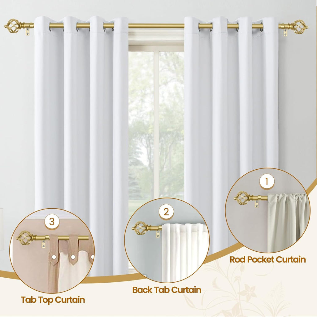 KAMANINA Gold Curtain Rods for Windows 48 to 84 Inch, Adjustable Single Curtain Rod 32 to 86 Inch(2.6-7.1ft), 3/4 Inch Splicing Drapery Rods with Twisted Cage Finial