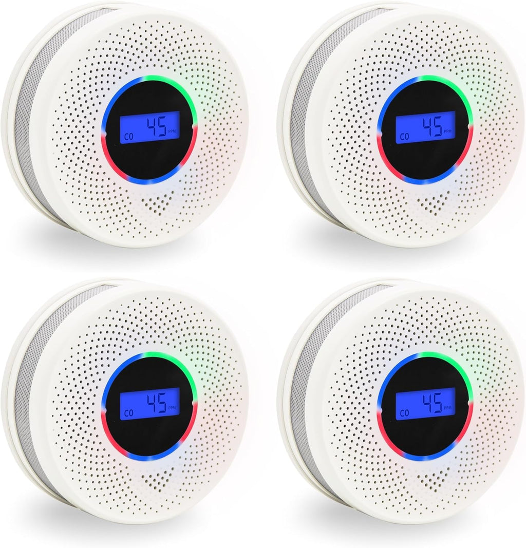 10-Year Battery Smoke and Carbon Monoxide Detector, 2-in-1 Smoke CO Alarm with Digital Display, Reliable Fire and CO Alarm for Home, Bedroom, Kitchen (4 Pack)