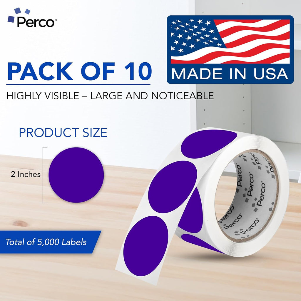 Perco Purple 2-Inch Perforated Circle Dot Sticker Labels — 10 Rolls, 5,000 Round Stickers — with Permanent Adhesive for Organizing, Color Coding, Bin Labeling, Packaging Alerts—Made in USA