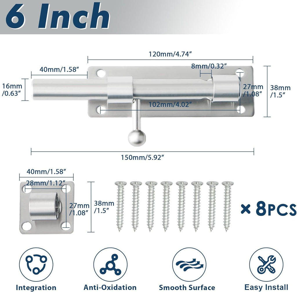 Alise 6 inch Barrel Bolt Latch,Slide Bolt Latch, Heavy Duty Solid SUS304 Stainless Steel Slide Lock for Wooden Fence,Barn Door,Interior or Outdoor Door Brushed Nickel MS8000-LS