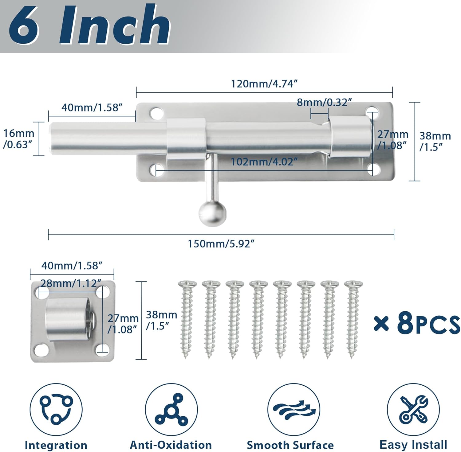 Alise 6 inch Barrel Bolt Latch,Slide Bolt Latch, Heavy Duty Solid SUS304 Stainless Steel Slide Lock for Wooden Fence,Barn Door,Interior or Outdoor Door Brushed Nickel MS8000-LS