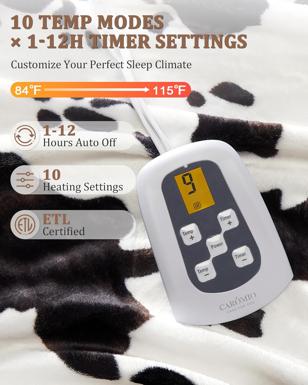 CAROMIO Heated Electric Blanket Full Size, Cow Print Fast Heating Blankets with LCD Controller, 10 Heat Levels & 1-12H Time Settings, ETL Certified, Machine Washable, Brown Black, 72" x 84"