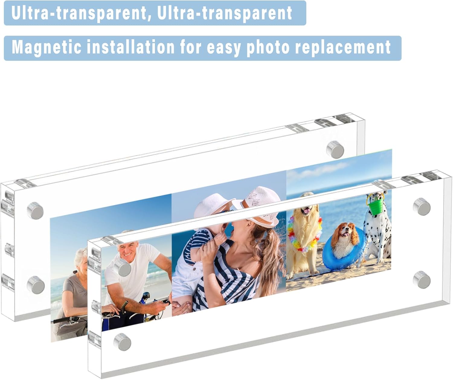 HELPLEX Acrylic Frame, 5 Pack 2x6 Photo Booth Frames, 20mm Thicker Frameless Clear Double Sided Magnetic, Free Standing Desktop Display Stand