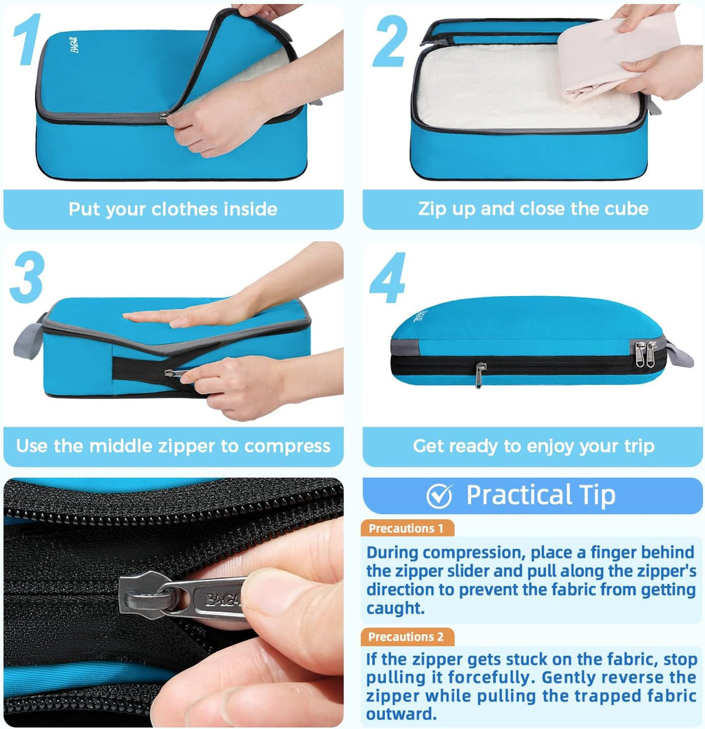 BAGAIL 4 Set/6 Set/8 Set Compression Packing Cubes Travel Accessories Expandable Packing Organizers (Cloth Pattern, 4-Blue)