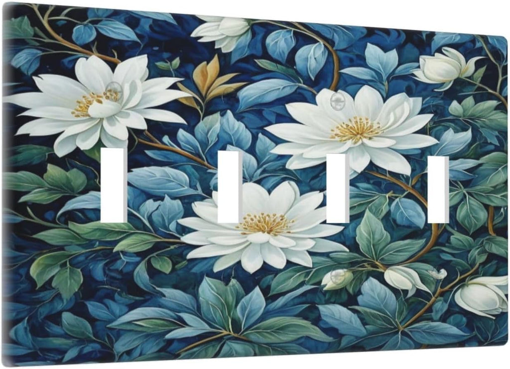 White Flowers Green Leaves Light Switch Covers Quad Toggle 4 Gang Wall Plate Decorative Switchplate Electrical Faceplate for Farmhouse Bathroom Living Decor