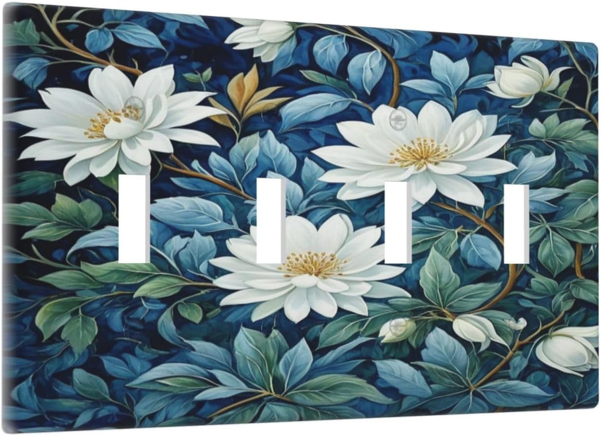 White Flowers Green Leaves Light Switch Covers Quad Toggle 4 Gang Wall Plate Decorative Switchplate Electrical Faceplate for Farmhouse Bathroom Living Decor