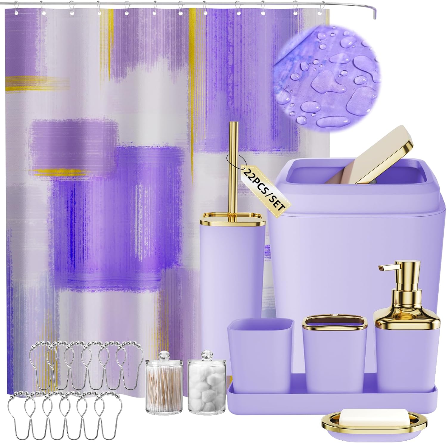 Purple Bathroom Accessories Set, Bathroom Sets with Shower Curtain, Purple Bathroom Accessories with Trash Can, Soap Dispenser, Soap Dish, Toilet Brush Holder, Qtip Holders for Bathroom