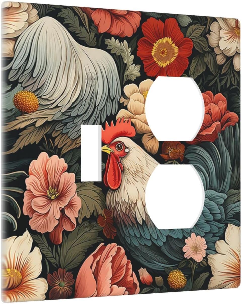 Wallplates Rooster Flowers Red White Chicken Floral 1 Toggle 1 Duplex Switch Plate Electrical GFCI Faceplate Decorative Light Switch Covers for living Room Farmhouse Decor