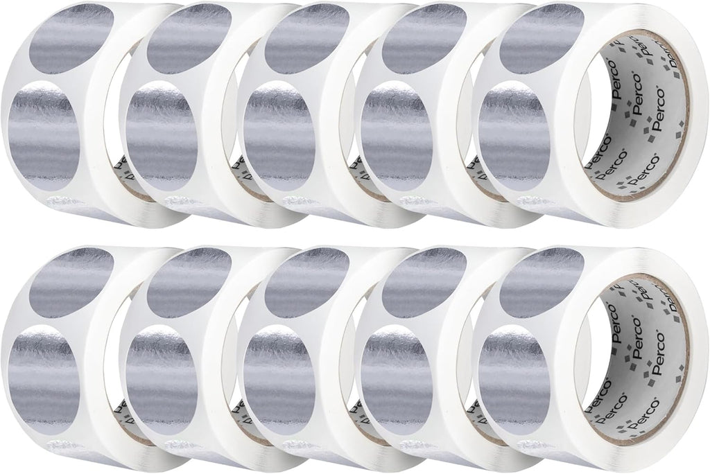 Perco Metallic Silver 2-Inch Perforated Circle Dot Sticker Labels — 10 Rolls, 5,000 Round Stickers — with Permanent Adhesive for Awards, Product Seals, Gift Packaging, Event Marking — Made in USA