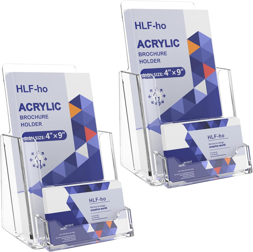 Brochure Holder 4x9 Inch Acrylic Literature Holders Clear Flyer Display Stand with Business Card Slot Pamphlet Holder Multi Purpose Organizer for Office, Lobby, Hotels, Trade Shows, 2 Pack