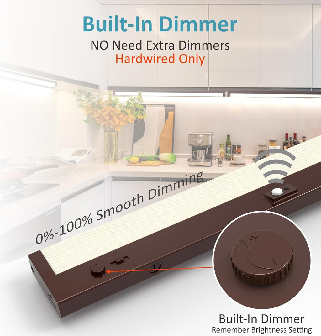 LED Under Cabinet Lighting Motion Sensored Hardwired with Built-in Dimmer, 24 Inch 12W Dimmable 5 Color 2700/3000/3500/4000/5000K, Linkable Eyes Care for Kitchen, Counter, ETL Listed, Bronze