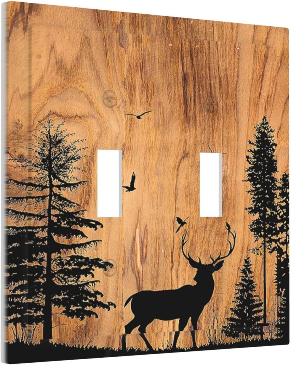 Decorative Switch Plates Rustic Farmhouse Orange Brown Pine Tree Deer Wood Grain 2 Gang Double Toggle Outlet Light Switch Cover Wall Plate Electrical Faceplate for living Room Cabin Decor