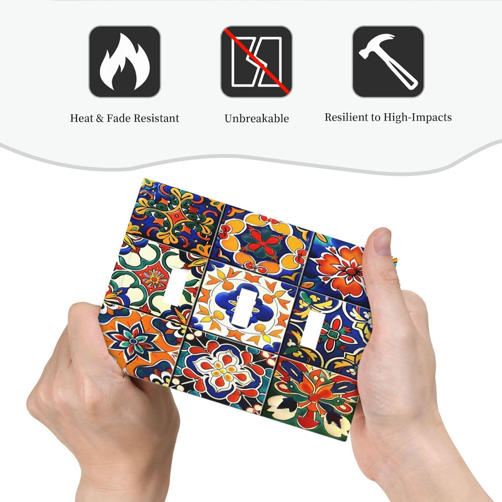 Decorative Switch Plates Colorful Mexican Talavera Vintage Boho Floral 3 Gang Wall Plate Triple Toggle Light Switch Cover Faceplate Electrical Wall Panels For Farmhouse Cabin Decor