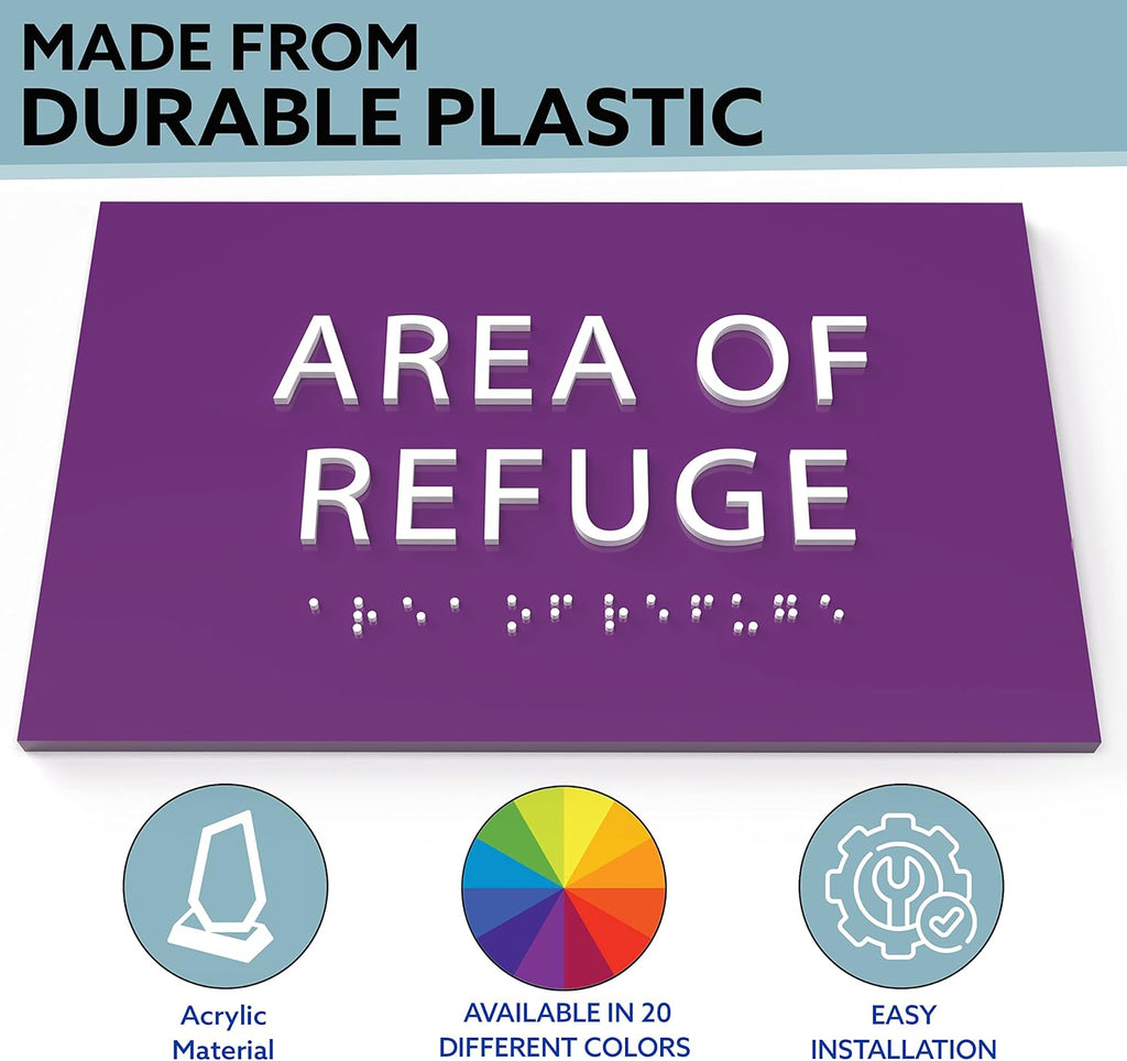 6" X4" Area of Refuge Sign - ADA Compliant Tactile Graphics Grade 2 Braille Text | Wall Mount Plastic Signs for Shopping Malls, Offices, Hotels, Schools, Apartments & Restaurants