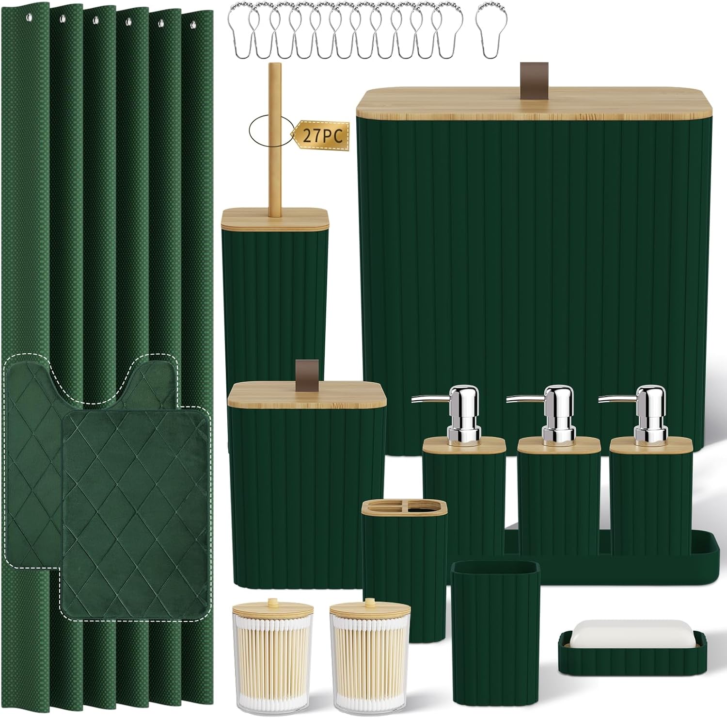 Bathroom Accessory Set - Dark Green Bathroom Set, 27PC Bathroom Accessories Set, Bathroom Sets with Shower Curtain and Rugs, Mini Trash Can, Toilet Brush, Trash Can & Soap Dispenser