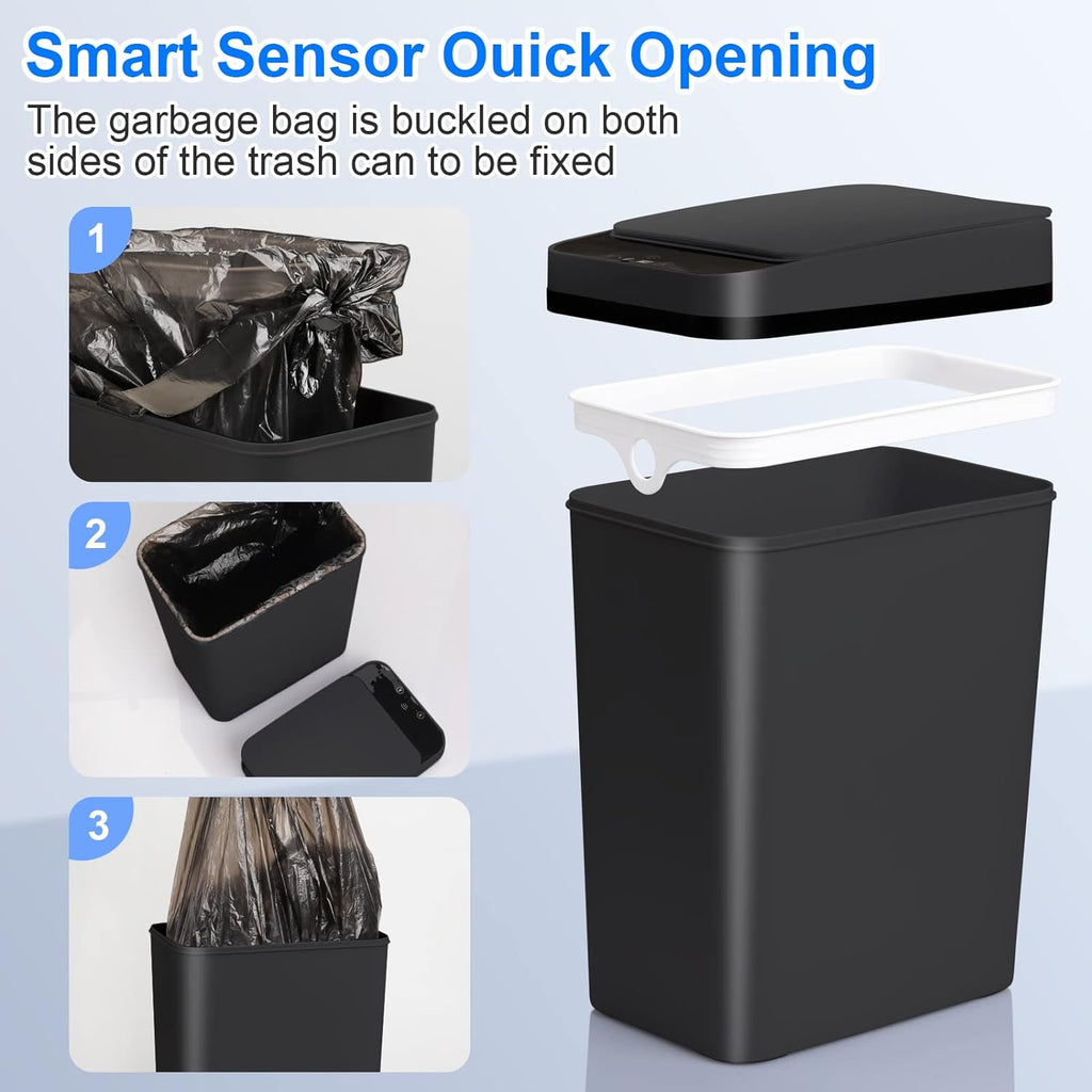 Bathroom Automatic Trash Can 4 Gallon Touchless Motion Sensor Small Garbage Can with Lid Smart Electric Plastic Narrow Garbage Bin for Living Room Bedroom Office Kitchen (Black)