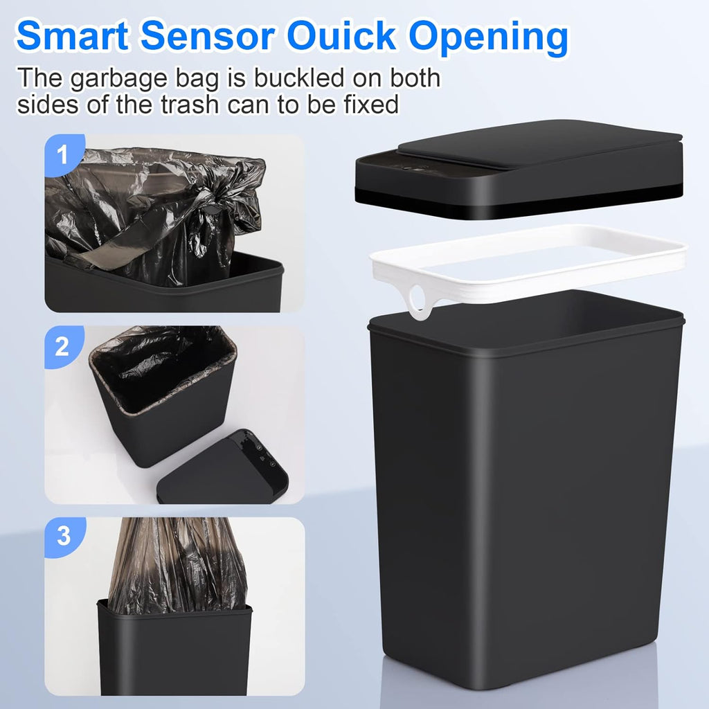 Bathroom Automatic Trash Can 3 Pack 2.2 Gallon Motion Sensor Touchless Small Slim Garbage Can with Lid Smart Electric Narrow Garbage Bin for Bedroom Living Room Office Kitchen (Black)