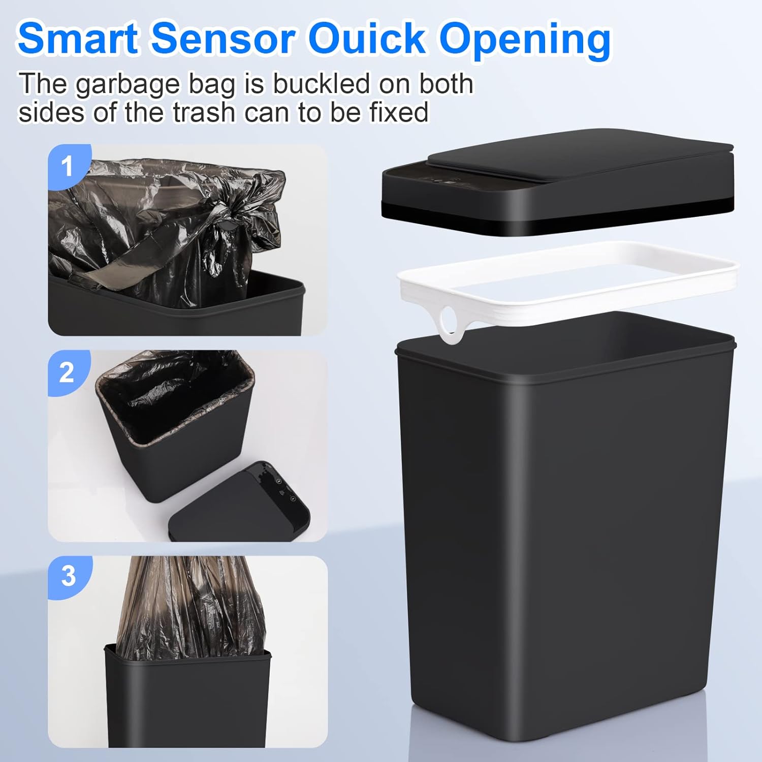 Bathroom Automatic Trash Can 3 Pack 2.2 Gallon Motion Sensor Touchless Small Slim Garbage Can with Lid Smart Electric Narrow Garbage Bin for Bedroom Living Room Office Kitchen (Black)
