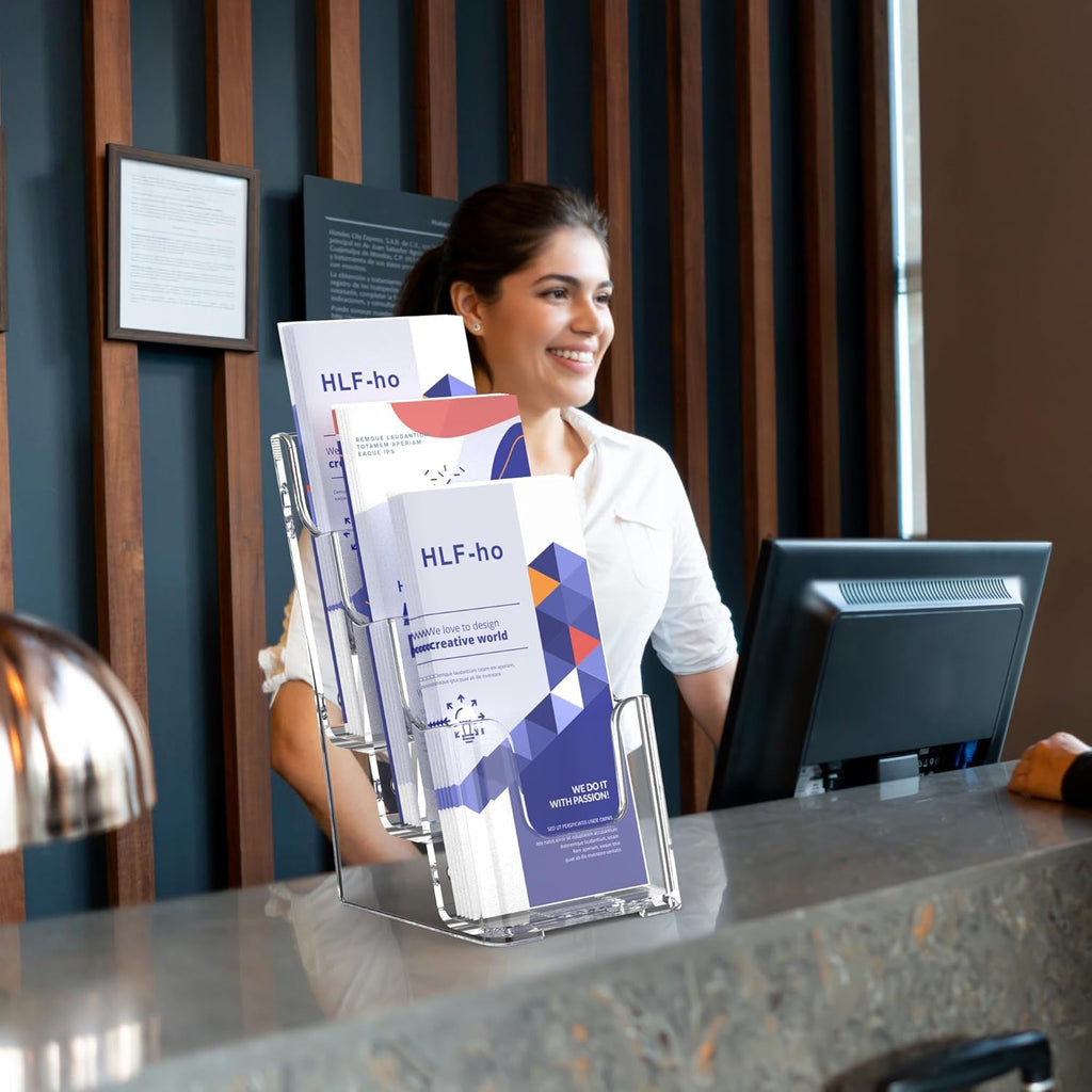 Brochure Holder 4x9 Inch 3 Tier Acrylic Literature Holders Clear Plastic Flyer Display Stand Countertop Use or Wall Mount Pamphlet Holder Organizer for Office, Lobby, Hotel, Trade Show, 4 Pack