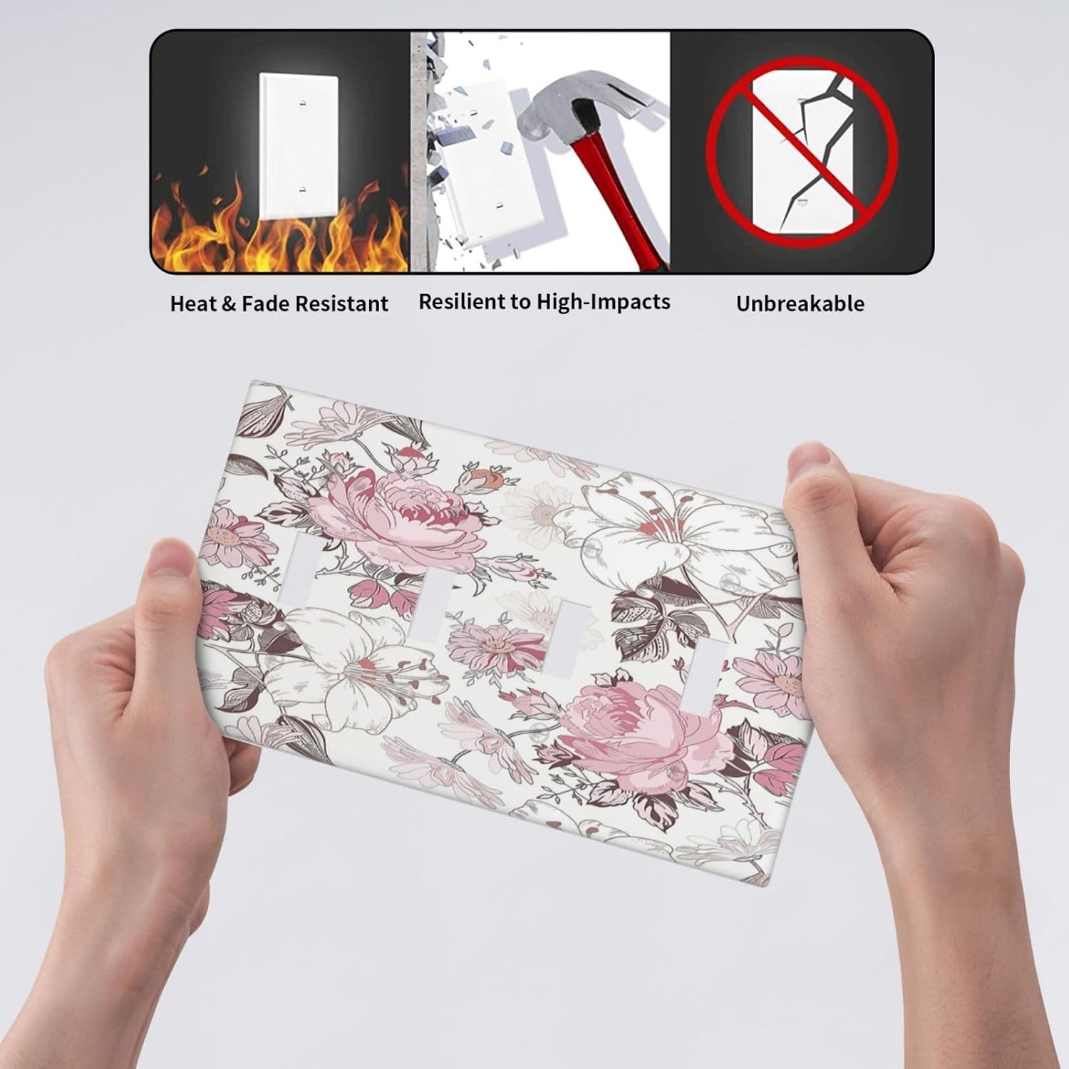 Light Switch Covers Modern Watercolor Flower Pink White Wildflower Quad Toggle 4 Gang Wall Plate Electrical Faceplate Decorative Switch Plates for Bedroom Home Decor